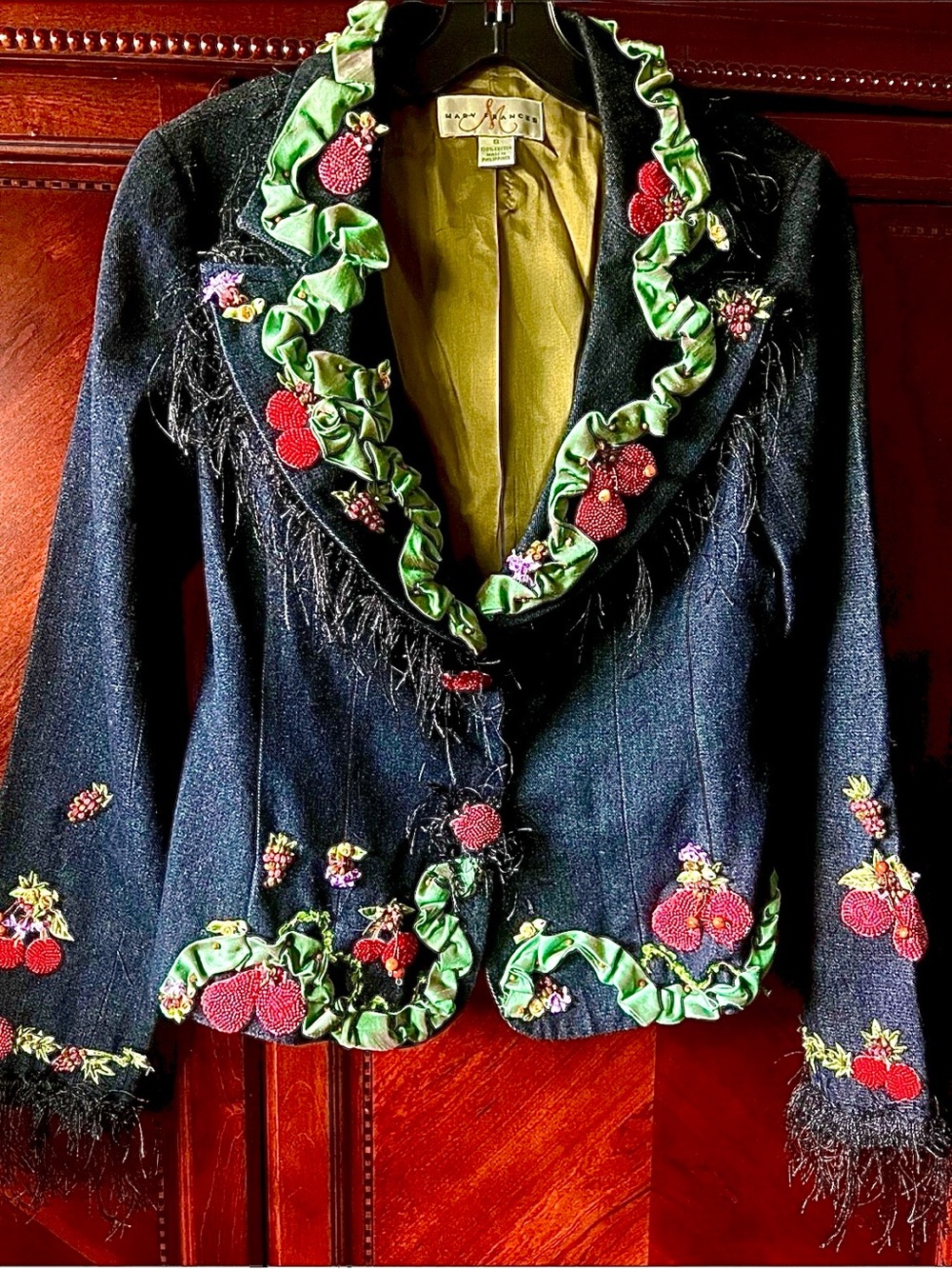 RARE MARY FRANCES Black Denim Jacket with Beaded/Embellished Fruits Size Small